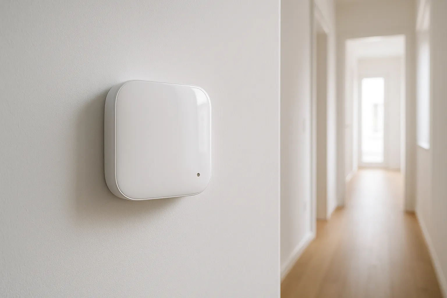 Modernes Bedienteil einer Funk-Alarmanlage an der Wand eines Wohnhauses