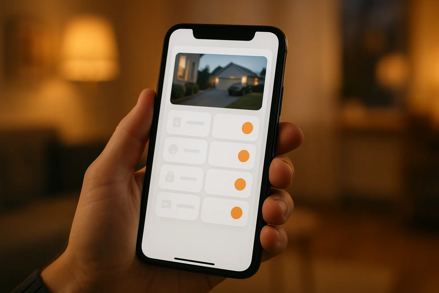 Hand hält Smartphone mit geöffneter Überwachungs-App und Livebild der Einfahrt
