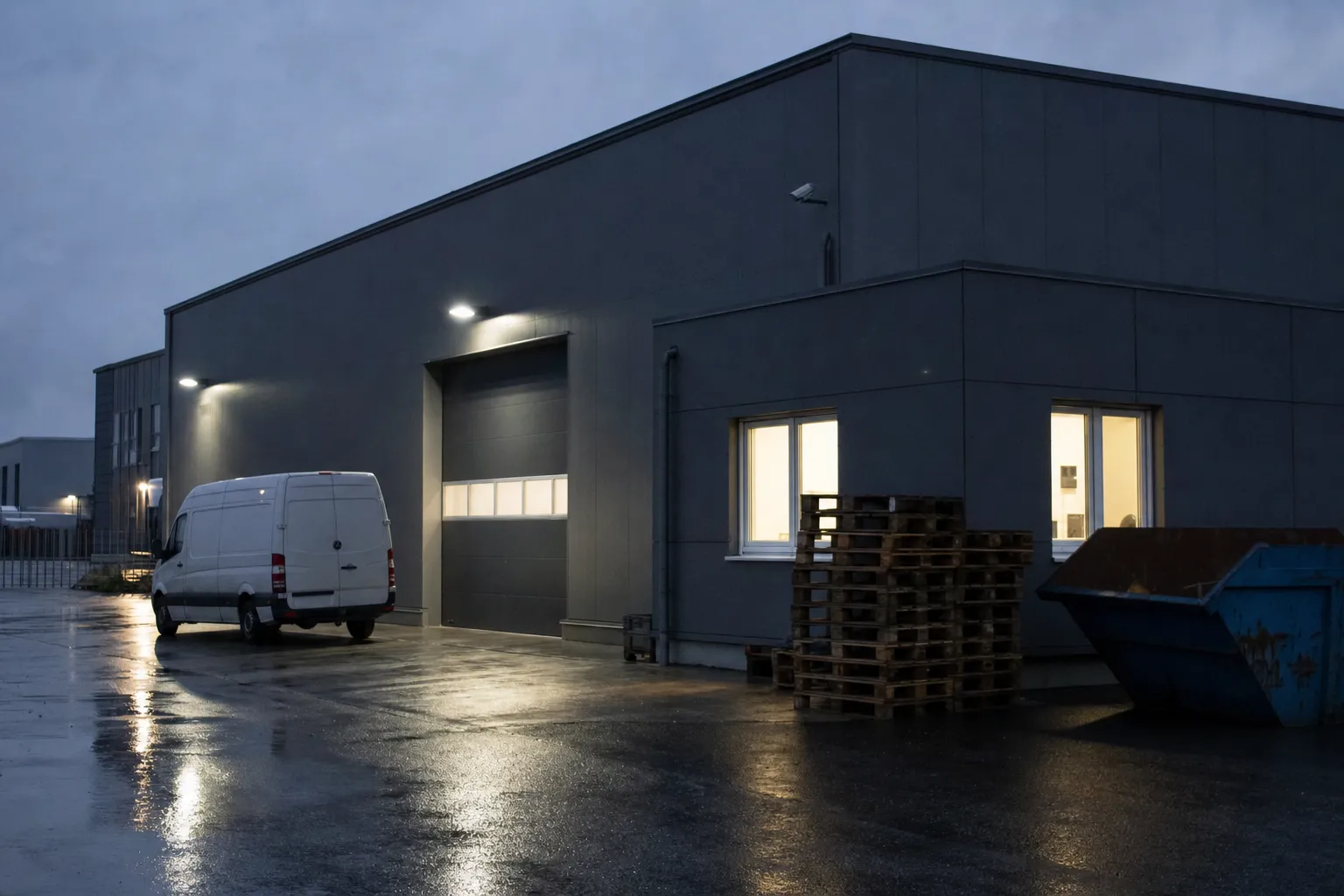 Beleuchteter Gewerbehof mit Lagerhalle und montierten Überwachungskameras bei Nacht