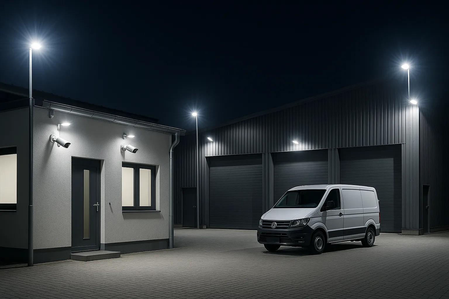 Beleuchteter Gewerbehof mit Lagerhalle und montierten Überwachungskameras bei Nacht