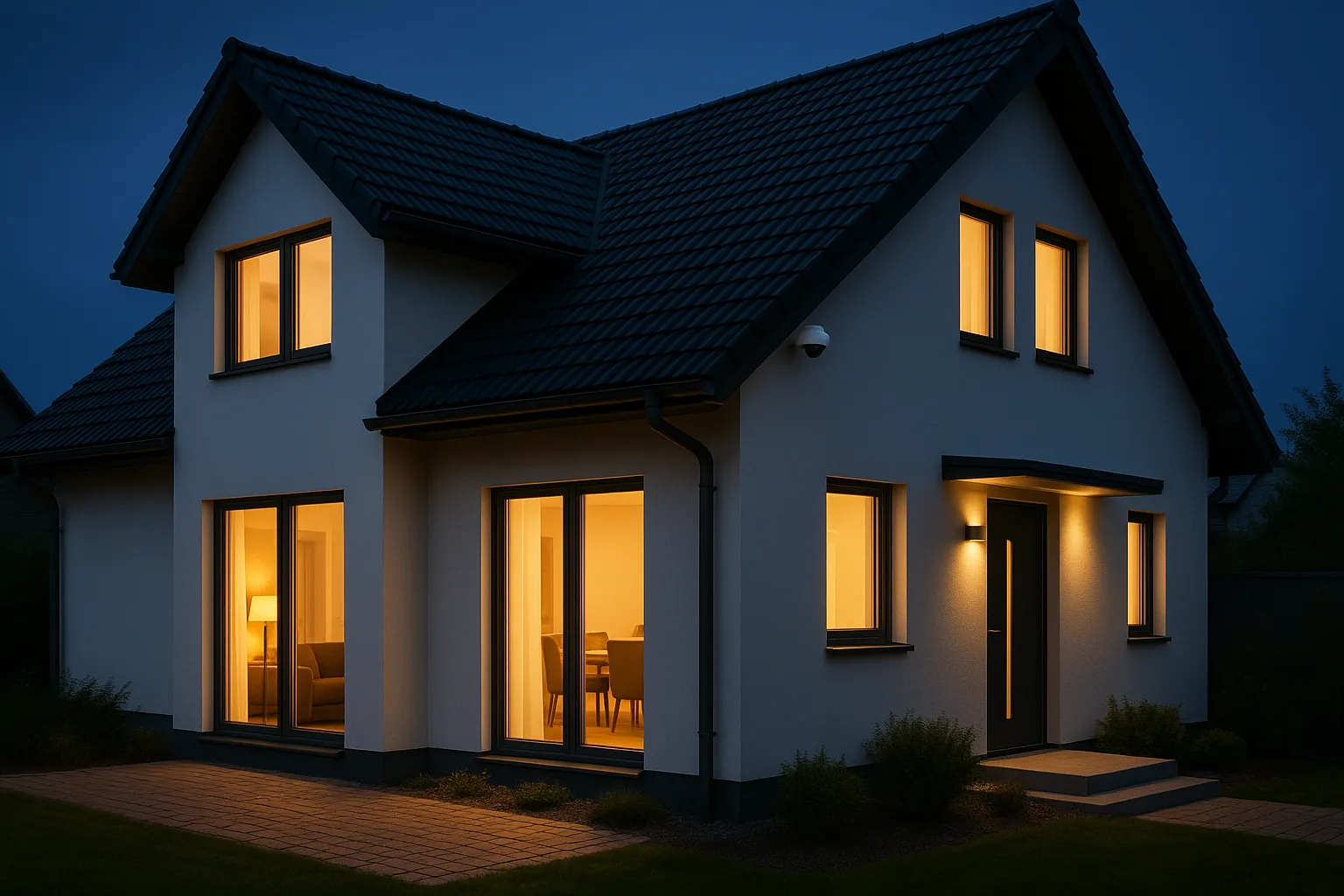 Einfamilienhaus in der Abenddämmerung mit dezent montierter Überwachungskamera