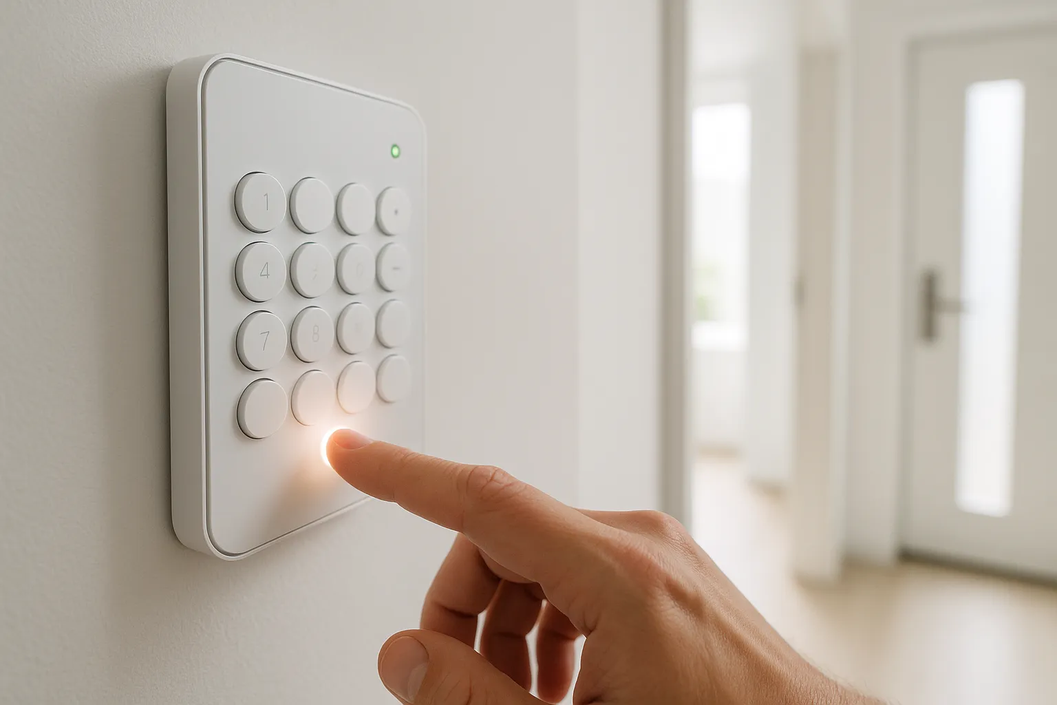 Hand bedient das Keypad einer Funk-Alarmanlage neben der Haustür