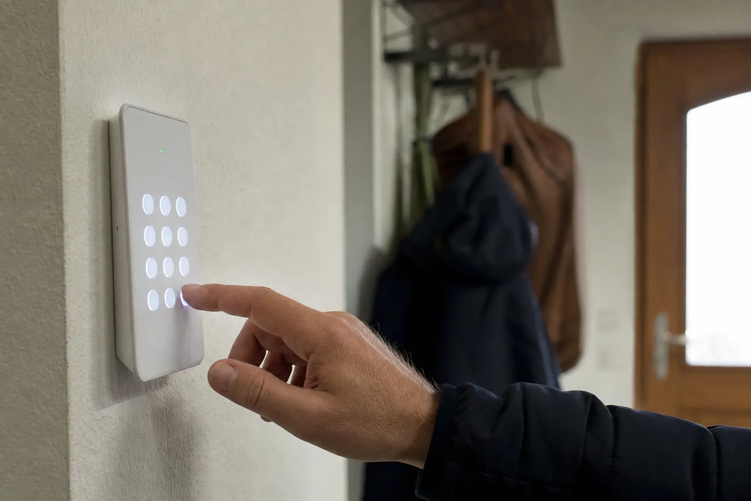 Hand bedient das Keypad einer Funk-Alarmanlage neben der Haustür