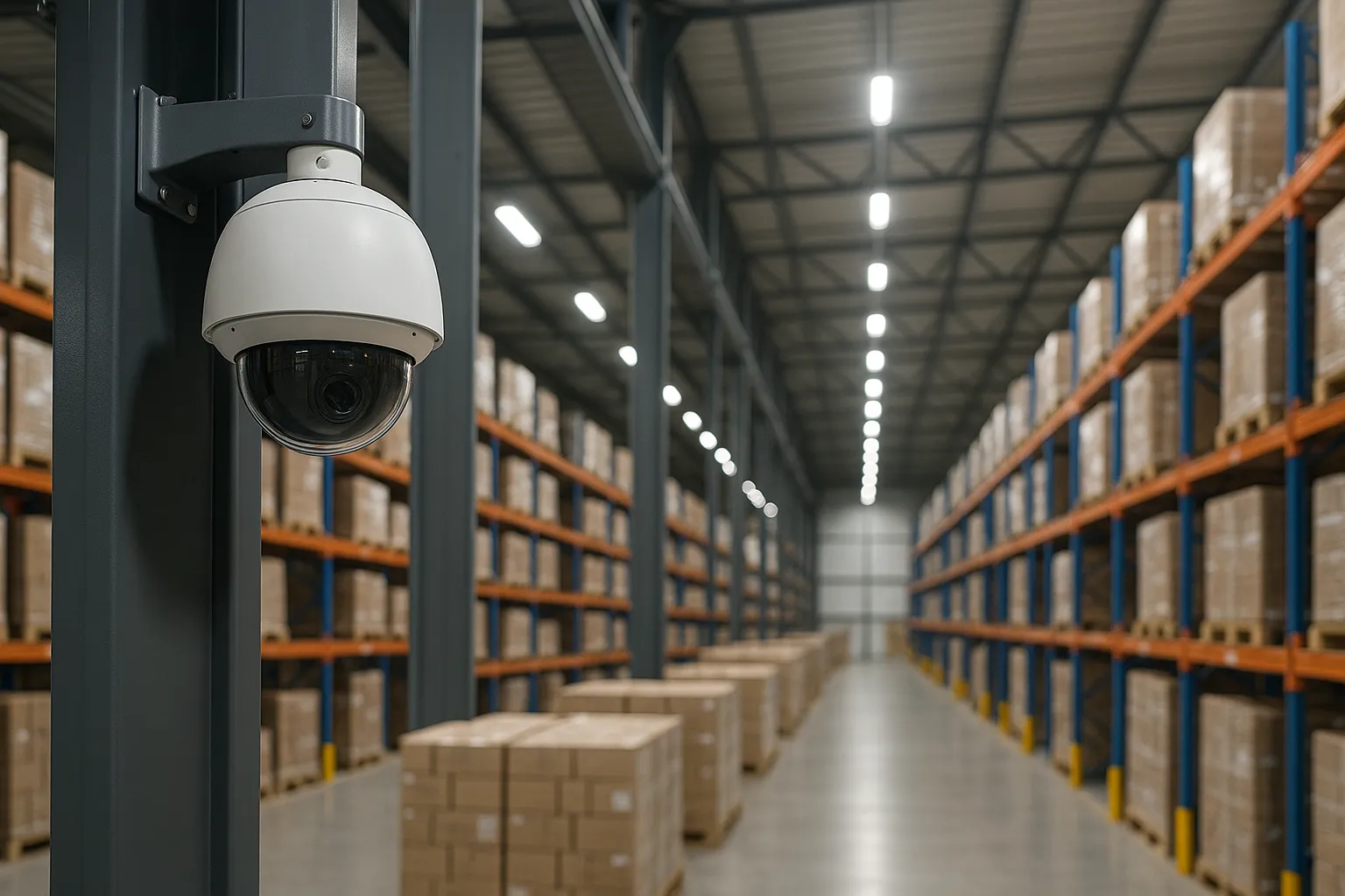 Überwachungskamera an einem Stahlträger in einer modernen Lagerhalle mit Hochregalen