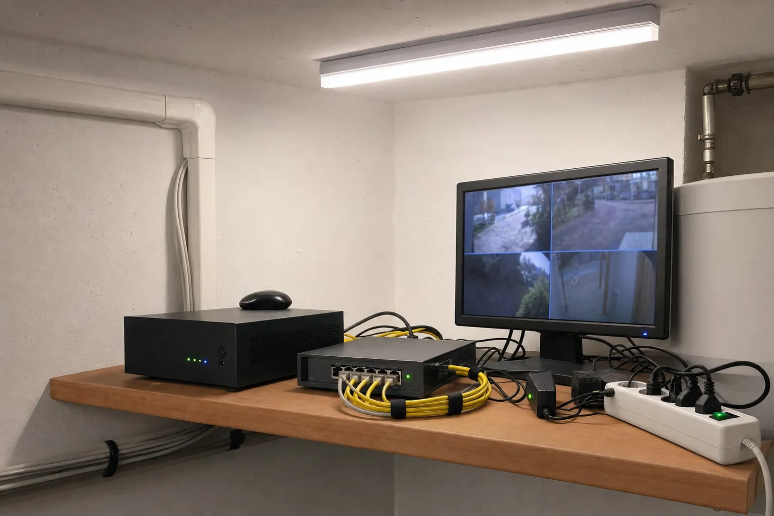 Netzwerk-Rekorder (NVR) mit PoE-Switch und Monitor in einem aufgeräumten Technikraum